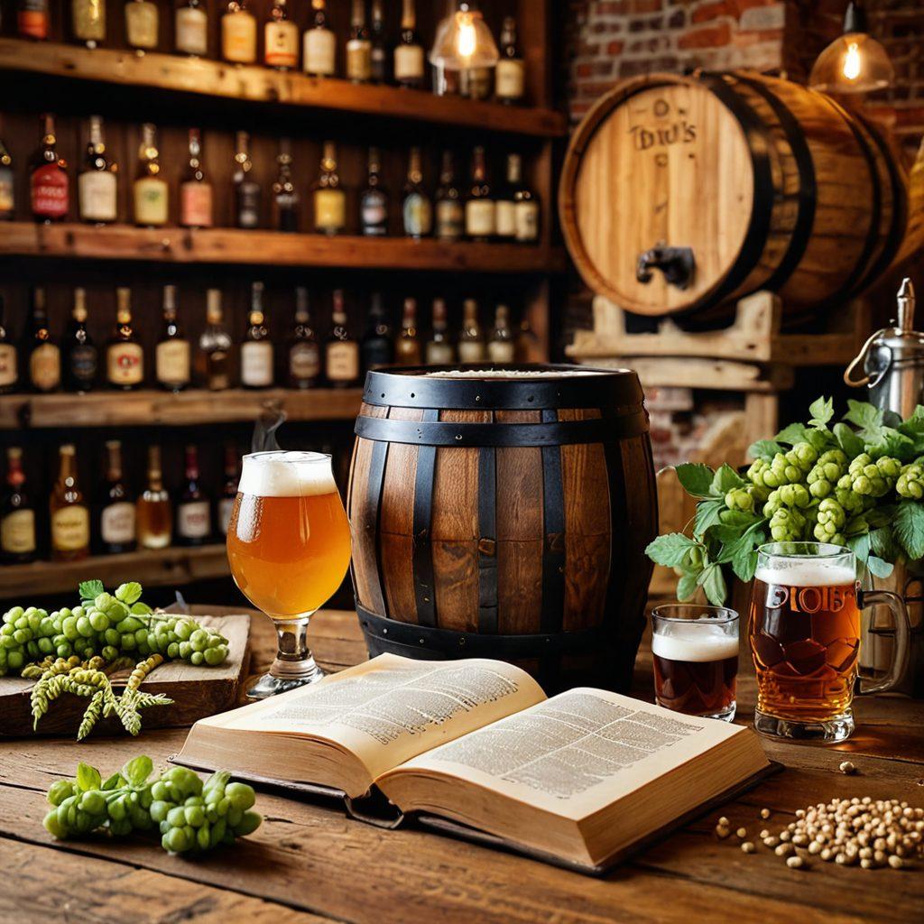 A cozy pub scene with wooden barrels, a variety of beer glasses filled with different types of beer, and a brewmaster pouring a rich, foamy pint. A book titled 'Todd's Ultimate Guide' lies open on a rustic table, surrounded by hops and grains. super-realistic. vibrant colors. warm and inviting atmosphere.