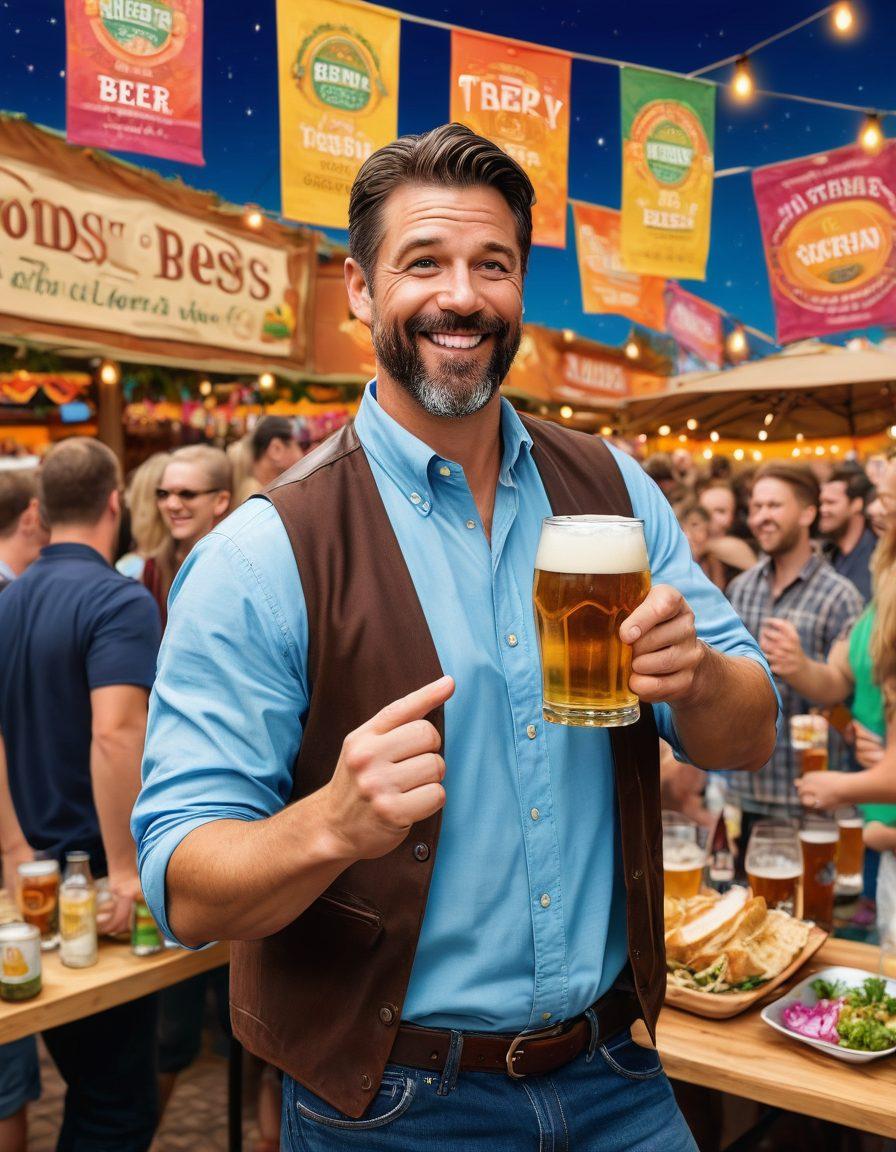 A lively beer festival scene with Todd, a charismatic beer expert, at the center with a pint in hand. Surround him with diverse beer varieties and tapas-style food pairings. Background features a bustling festival atmosphere with colorful banners and happy attendees. Todd explaining something to a group of engaged listeners. Super-realistic. Vibrant colors.